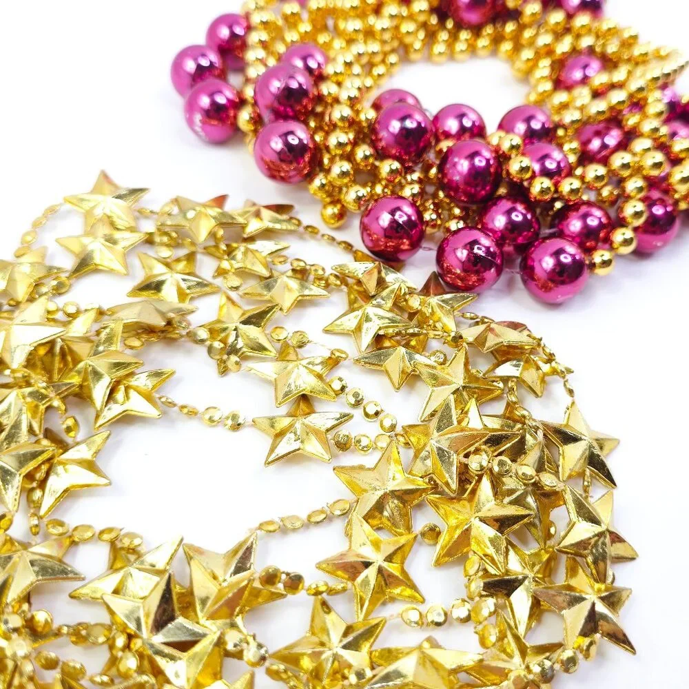Holiday Plastic Gold Star and Hot Pink and Gold Colored Beaded Garland Set
